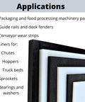 Various sizes of UHMW Polyethylene Plastic Sheet 1/8 Inch Thick 24 By 24 Inch Board with application list for machinery parts and fenders