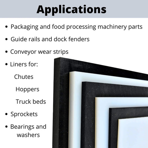 Various sizes of UHMW Polyethylene Plastic Sheet 1/8 Inch Thick 24 By 24 Inch Board with application list for machinery parts and fenders