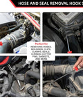 VASTOOLS hose removal hook set of 6 in engine bay; 10-inch hooks and 8-inch remover for radiator hoses.
Side view of VASTOOLS hose puller being used to release a radiator hose in the engine compartment.
Close-up of hand using a spoon-style hose hook from the VASTOOLS set on a hose clamp.
Installed view: red-tipped hose removal hook manipulating an air intake hose.