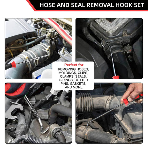 VASTOOLS hose removal hook set of 6 in engine bay; 10-inch hooks and 8-inch remover for radiator hoses.
Side view of VASTOOLS hose puller being used to release a radiator hose in the engine compartment.
Close-up of hand using a spoon-style hose hook from the VASTOOLS set on a hose clamp.
Installed view: red-tipped hose removal hook manipulating an air intake hose.
