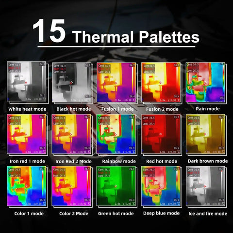 Fifteen thermal palettes of Thermal Camera Multimeter With Macro Lens And Date Recorder, Pro Grade 320x320 IR Resolution