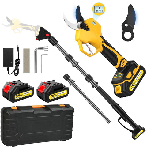 Cordless Electric Pruning Shears With Eight Foot Telescopic Pole Pro Grade Build Two Inch Cutting Capacity Powerful 1000W Brushless Motor 21V Dual 2Ah Batteries