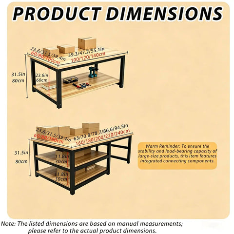 Heavy Duty Garage Workbench With Scratch Resistant Solid Wood Top And Lower Shelf For Toolboxes And Shop Gear Knock Out Jobs With Straight Up Durability dimensions guide showing sizes and features.