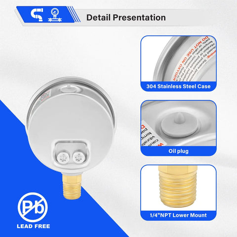 Low Pressure Glycerin Filled Pressure Gauge 0 To 30 Psi KPa 304 Stainless Steel Case One Quarter Inch NPT Lower Mount Lead Free