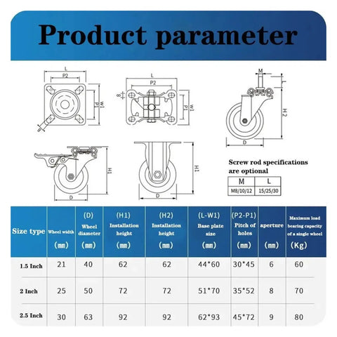 Product parameters for Four Pack 2 Inch Diamond Swivel Wheel Caster With Brake For Heavy Duty Furniture M8 M10 M12.