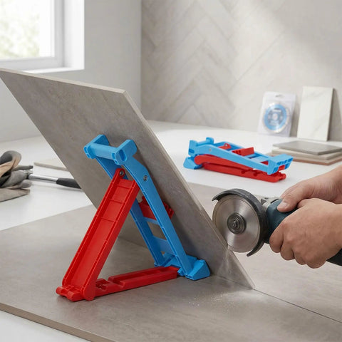 Heavy Duty Two Piece Tile Chamfer Bracket Set Adjusts To Sixty Fifty Forty Degree Angles With Rock Solid Snap Lock Grip High Grade Pp Build holding tile at 45 degrees for cutting.