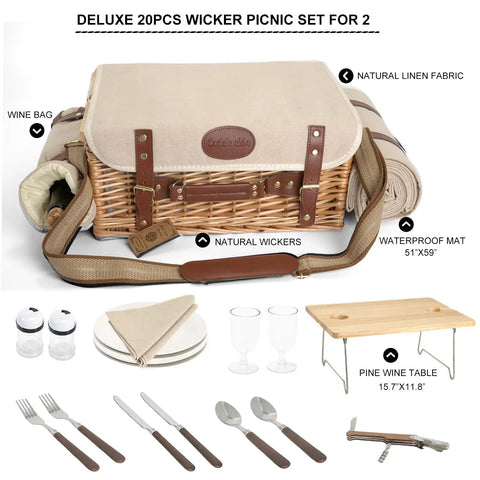 Wicker Picnic Basket Set For Two With Insulated Cooler, Detachable Table Lid, Blanket And Full Tableware, Perfect For Camping And Date Night Outdoors, Easy Carry With Handle And Shoulder Strap shown with accessories