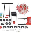 Manual Garden Push Seeder With 7 Nozzles And Eight Pound Seed Box disassembled parts on display
