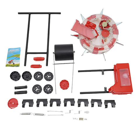 Manual Garden Seeder With Seven Nozzles Hand Push Roller Planter disassembled parts layout, including wheels and frame