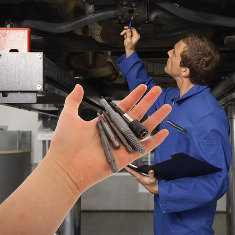 Super Cool Steel Screw Extractor Kit With Hex Shank Perfect For Removing Stripped Bolts And Broken Screws Easy DIY Home Repair Tools That Give You Total Control Over Messy Jobs No More Stuck Threads Here, steel extractors in hand under a car