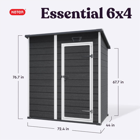 Front view of 4x6 Resin Outdoor Storage Shed With 139 Cu Ft Of Space For Patio Furniture Garden Tools Bikes Beach Chairs And Lawn Mower Beefy Double Wall Construction With Steel Reinforcement Black And White