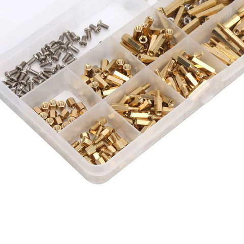 Hex Standoff Spacer Kit With 300 Pieces In Brass And Plated Iron, Multipurpose Mounting Pillars For Motherboard And Electronics DIY Projects, Workhorse Durability And Easy Install Fastener System, brass spacers and screws in organizer tray