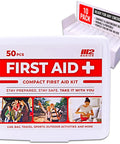 M2 BASICS mini first aid kit, white plastic case with red FIRST AID label, 50 pieces; 10-pack display in background