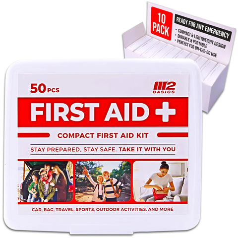M2 BASICS mini first aid kit, white plastic case with red FIRST AID label, 50 pieces; 10-pack display in background
