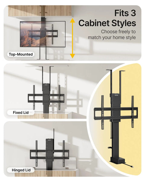 Motorized TV Lift And Slick Rise And Fall Mechanism For 37 To 65 Inch Sets With Concealed Ceiling Or Cabinet Mount For A Smooth Glide Operation That Keeps Your Flat Screen Hidden Away For Total Living Room Swagger