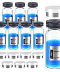 Front view of eight 10 mL borosilicate glass sterile vials with blue liquid and black flip-top closures