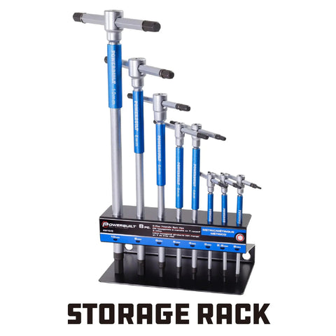 8 Piece Metric T Handle Hex Key Wrench Set With Speed Sleeves For Fast Spin Action on storage rack