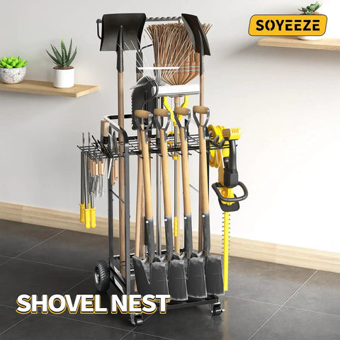 Heavy Duty 3 Tier Garden Tool Organizer with large wheels holding 35 long-handled tools and 12 hooks in a garage setting.