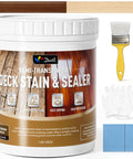 Straight Up Tough Outdoor Wood Stain And Sealer Duo For Deck Fence And Patio Semi Transparent Water Based Shield with brush and gloves.