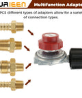 Front view of SURIEEN propane regulator kit with red adjustable knob and four brass adapters.
