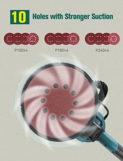 Drywall Sander With Vacuum And LED Light 5 Speed Settings, sanding disc details and 10-hole suction for clean finish.