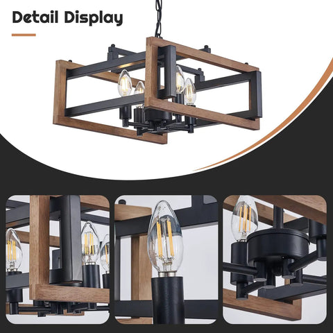 Dope Farmhouse 4 Light Adjustable Chandelier For Dining Room And Kitchen Island Rustic Hanging Light Fixture With Matte Black Metal Body And 4 Candle Arm Lights Ideal For Entryway Foyer Living Room Wood Finish