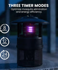 Outdoor Mosquito Trap With Lighting And Sleep Timer That Attracts Mosquitoes Flies Moths Gnats Wasps Beetles And No See Ums Indoor Or Outdoor Bug Zapper With 395nm UV Light For Fast Quiet Hassle Free Catch showing three timer modes.