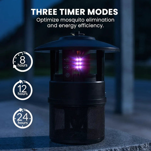 Outdoor Mosquito Trap With Lighting And Sleep Timer That Attracts Mosquitoes Flies Moths Gnats Wasps Beetles And No See Ums Indoor Or Outdoor Bug Zapper With 395nm UV Light For Fast Quiet Hassle Free Catch showing three timer modes.