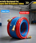 Coiled oxygen and acetylene tubes from the All-In-One Welding Hose Repair Kit With 49 Brass Fittings And Crimper Quick-Connect