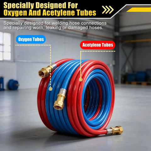 Coiled oxygen and acetylene tubes from the All-In-One Welding Hose Repair Kit With 49 Brass Fittings And Crimper Quick-Connect
