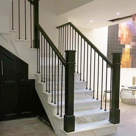Fresh Square Black Iron Balustrade Spindles For Staircase And Balcony Guardrail Heavy Duty Wrought Iron Posts No Sweat Install Double Powder Coated Finish 30 Pack measures 59 inches tall seen in modern staircase.