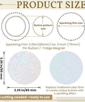 Diagram showing size of sparkling film 3.35 inch for button making, part of 320 Pcs Badge Protective Film 85mm 3.35 Inch With 8 Styles Holographic Glitter For 58mm Button Maker Machines Easy DIY Badges And 75mm 3 Inch Button Making Supplies