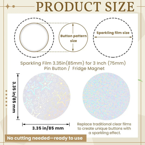 Diagram showing size of sparkling film 3.35 inch for button making, part of 320 Pcs Badge Protective Film 85mm 3.35 Inch With 8 Styles Holographic Glitter For 58mm Button Maker Machines Easy DIY Badges And 75mm 3 Inch Button Making Supplies