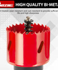 Heavy Duty Workhorse Bi Metal Hole Saw Kit and Hole Cutter Set with 26 Pieces of Durable Drilling Blades showing a bi-metal hole saw with sharp teeth.
