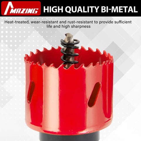 Heavy Duty Workhorse Bi Metal Hole Saw Kit and Hole Cutter Set with 26 Pieces of Durable Drilling Blades showing a bi-metal hole saw with sharp teeth.