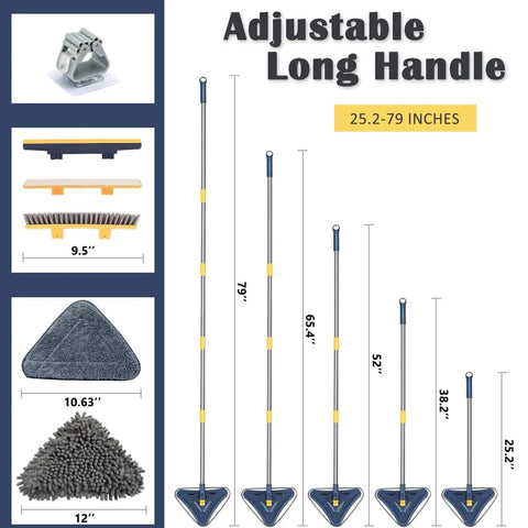 Diagram of adjustable handle sizes for 5-In-1 Wall Cleaning Mop With Long Reach Handle, shown with accessories and dimensions.