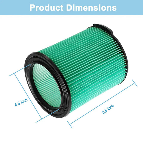 2 Pack VF6000 Replacement Filter For 5-20 Gallon Wet Dry Vacuums, green with black ends, 4.5x8.6 inches dimensions visible