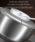 Kickass Electric Salad Spinner With Slick Usb Rechargeable Motor Stainless Steel Bowl showing USB charging port and powerful battery.