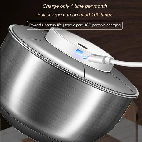 Kickass Electric Salad Spinner With Slick Usb Rechargeable Motor Stainless Steel Bowl showing USB charging port and powerful battery.