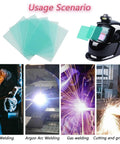 20 Pcs Welding Protective Lens Replacement Lenses For Outer Helmet Clear Covers 4.5 By 5.25 Inch 0.04 Inch Thick For Solar Auto Darkening Welding Hood Pack shown with welding scenarios.