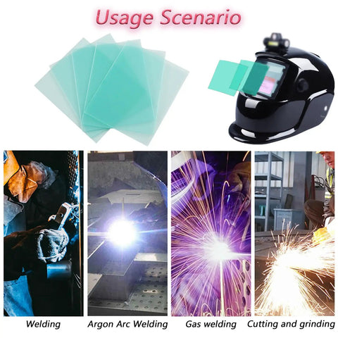 20 Pcs Welding Protective Lens Replacement Lenses For Outer Helmet Clear Covers 4.5 By 5.25 Inch 0.04 Inch Thick For Solar Auto Darkening Welding Hood Pack shown with welding scenarios.