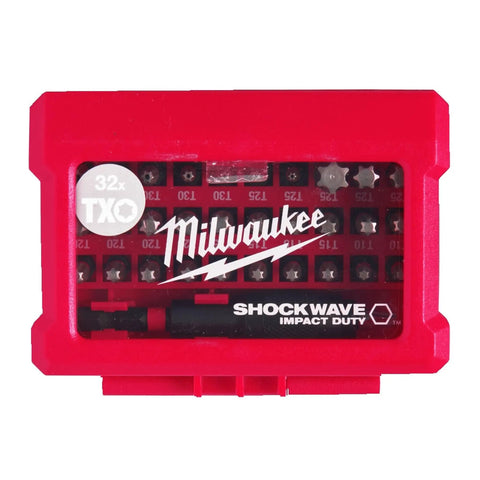 Shockwave Compact Torx Bit Set 32 Piece With SHOCKZONE Geometry Built Tough For Impact Tools in red case, top view