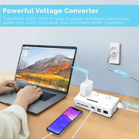 Must Have Universal Travel Adapter And 200 Watt Step Down Transformer With 4 USB Ports And 3 AC Outlets being used with a laptop