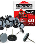 Nail On Chair Sliders 0.75 Inch Gray Floor Protectors Set Of 40, visible packaging and gray sliders with nails for furniture protection