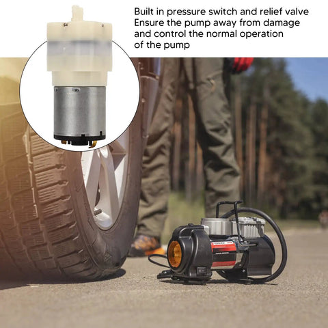Top Shelf Dc Micro Air Pump And Mini Vacuum Module Rated From 3.7 To 24 Volts features built-in pressure switch next to tire.