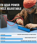 Person using Beast Mini Spot Welder Kit With 7500mAh Battery to weld battery cells, 80 adjustable power levels on LCD screen.