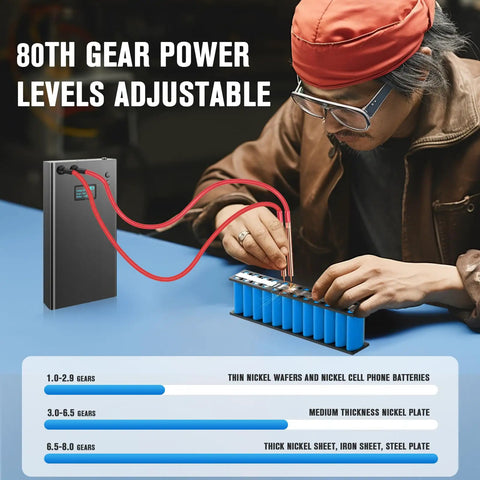 Person using Beast Mini Spot Welder Kit With 7500mAh Battery to weld battery cells, 80 adjustable power levels on LCD screen.
