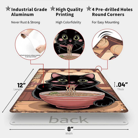 Retro Style Cat Eating Ramen Metal Sign 8x12 Inch Tin Sign Poster with vintage cat design, durable aluminum wall art.