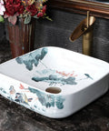 Square Sink Bowls For Bathroom,Ceramic Vessel Sink With Faucet And Drainer Above Counter White Porcelain Ceramic Vessel Vanity Sink With Flower design and brass faucet