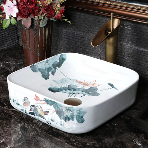 Square Sink Bowls For Bathroom,Ceramic Vessel Sink With Faucet And Drainer Above Counter White Porcelain Ceramic Vessel Vanity Sink With Flower design and brass faucet